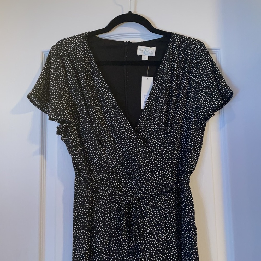 Black and white polka dot jumpsuit.